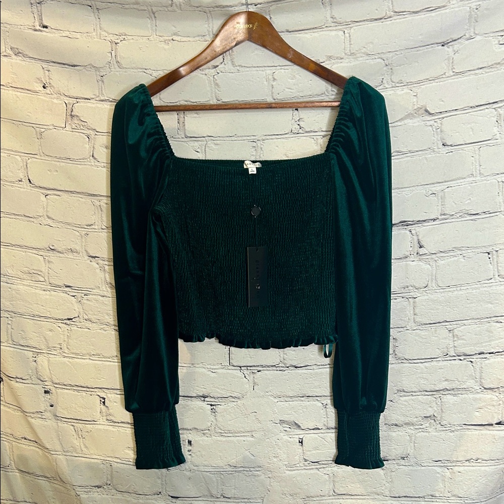 Gianni Bini Hunter Green Velvet Long Sleeve Smocked Top Size Large